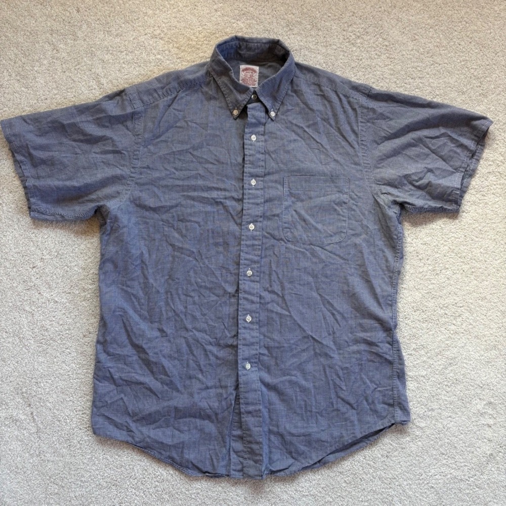 Brooks Brothers Button Down Shirt Mens 15.5 Blue Houndstooth Short Sleeve EUC